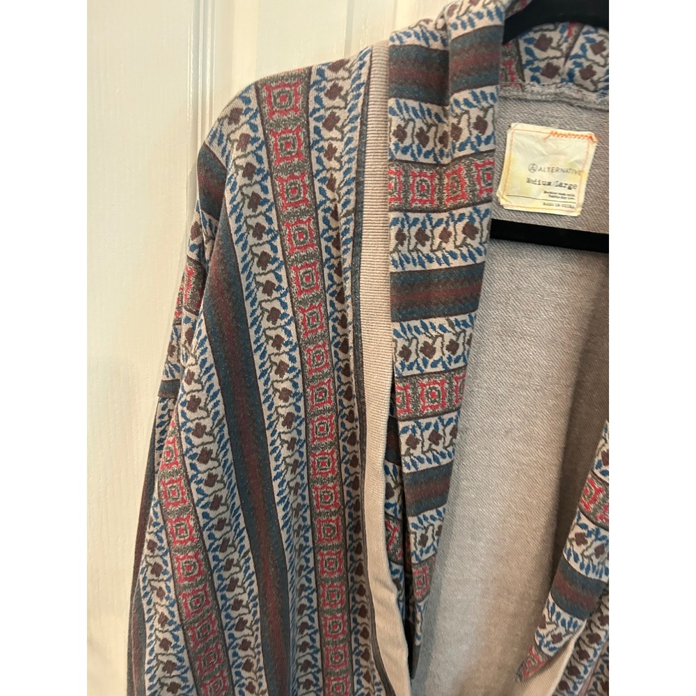 Alternative Cardigan Taupe Geometric Stripe Shawl Collar Thumbhole Boho Wrap - Picture 3 of 8